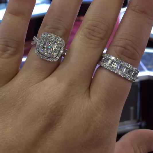 Jorrio handmade vintage princess cut diamond halo sterling silver bridal ring set
