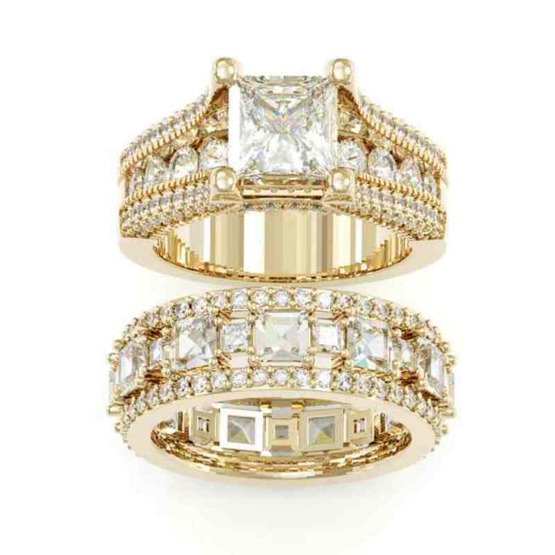 Jorrio handmade gold 3ct princess cut sterling silver 2pcs wedding bridal ring set