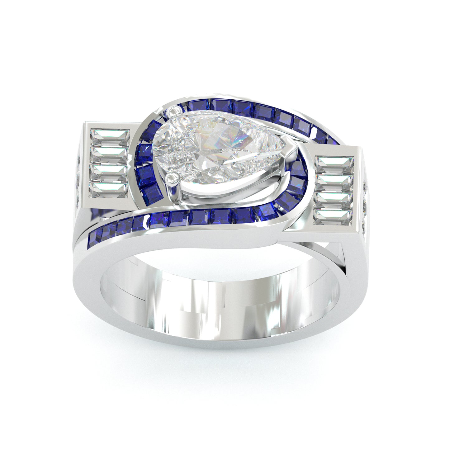 Jorrio handmade geometric halo sapphire-inlaid pear-cut statement ring