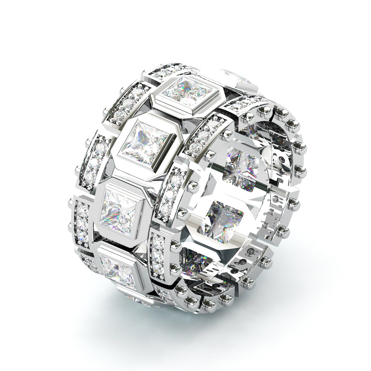 Jorrio Handmade Bold Square-link Princess Stone Full-iced Men’s Band Ring