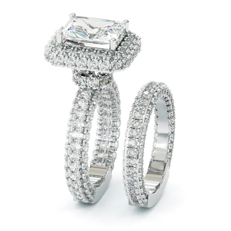 Jorrio handmade 3.5ct radiant cut halo vintage sterling silver wedding ring set