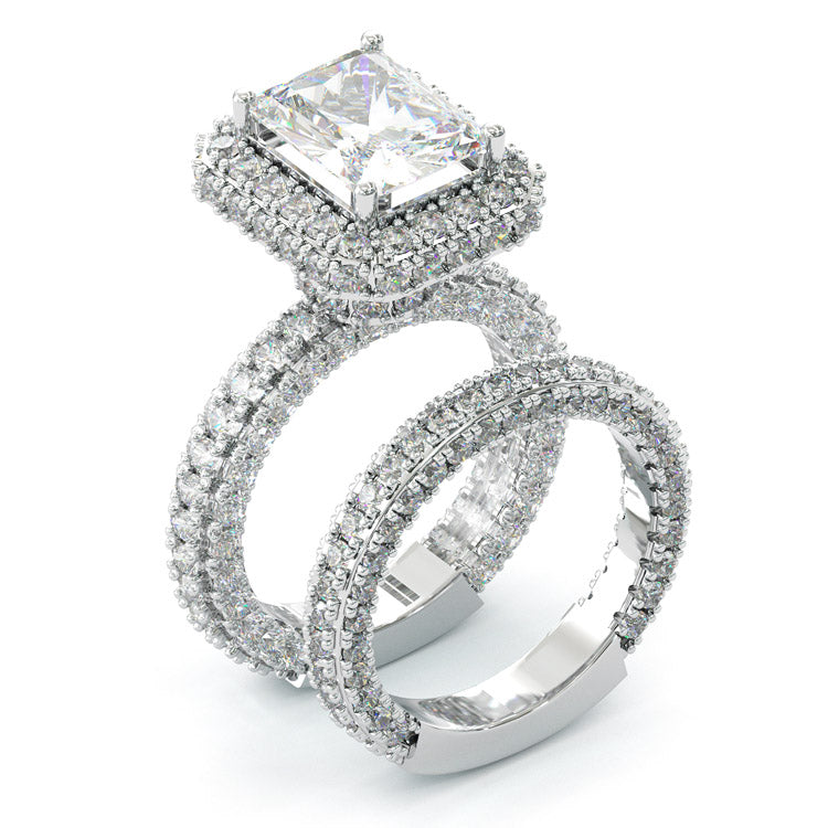 Jorrio handmade 3.5ct radiant cut halo vintage sterling silver wedding ring set
