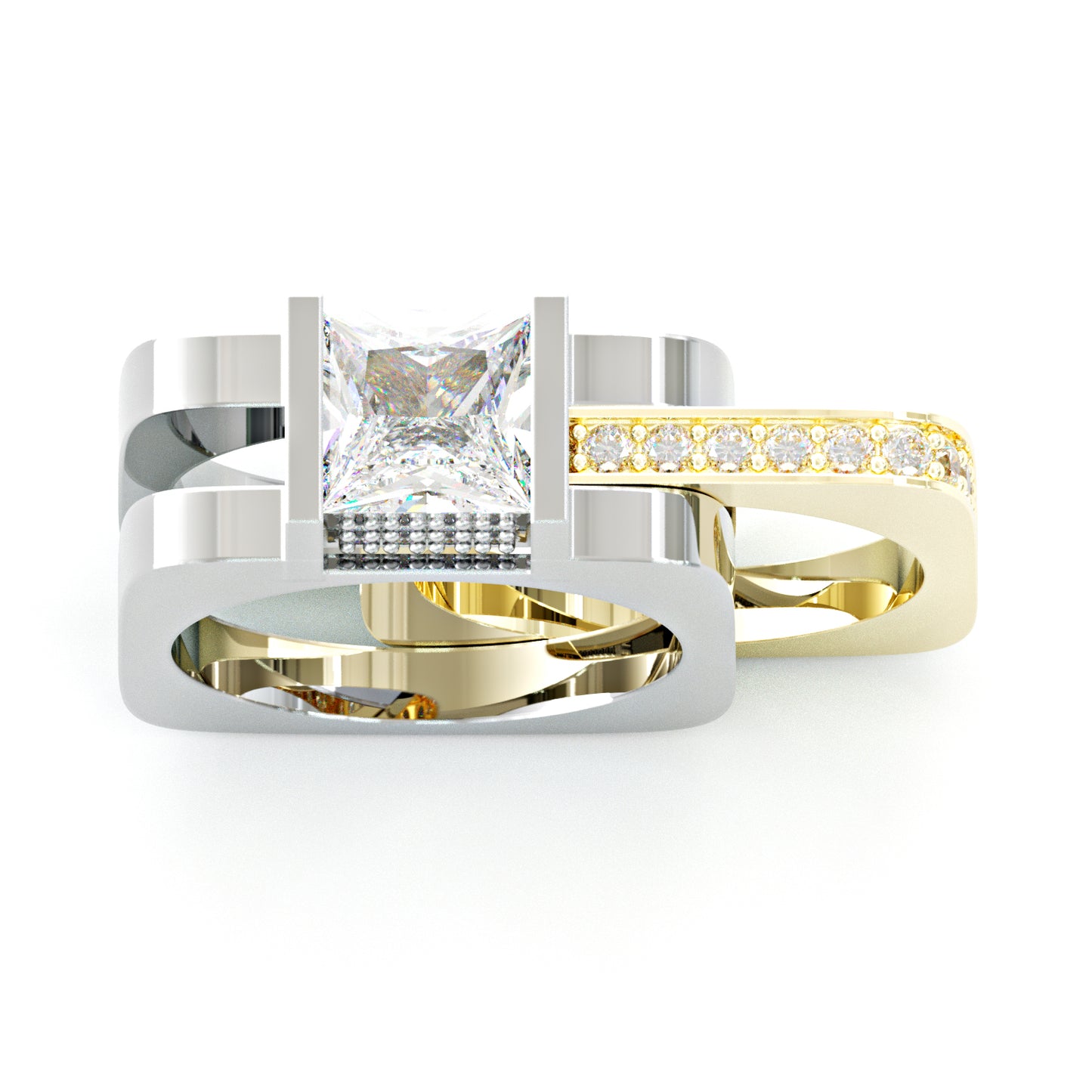 Jorrio Handmade Princess Cut Geometric Two Tone Men's Ringset