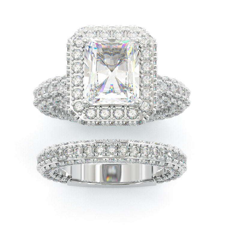 Jorrio handmade 3.5ct radiant cut halo vintage sterling silver wedding ring set