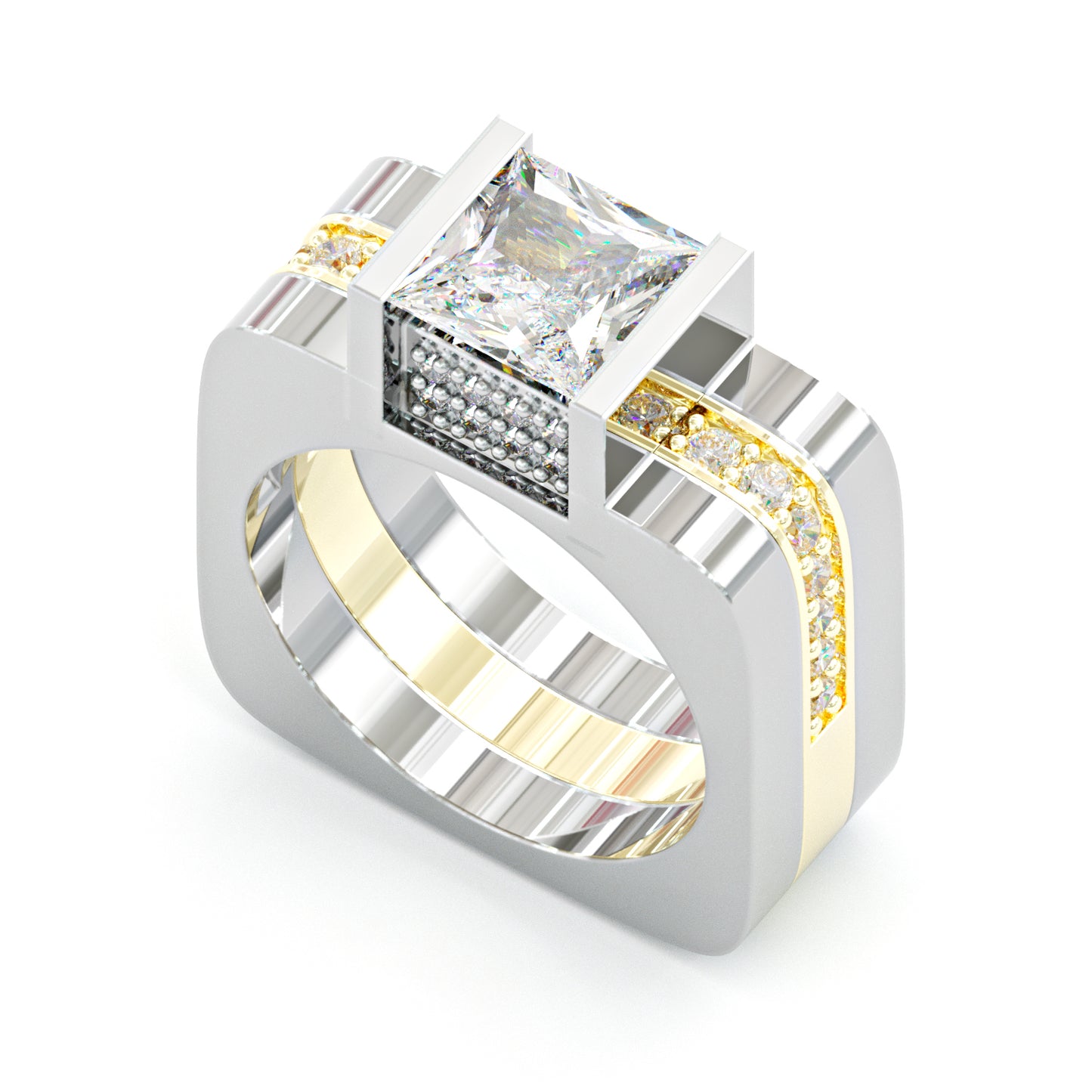 Jorrio Handmade Princess Cut Geometric Two Tone Men's Ringset