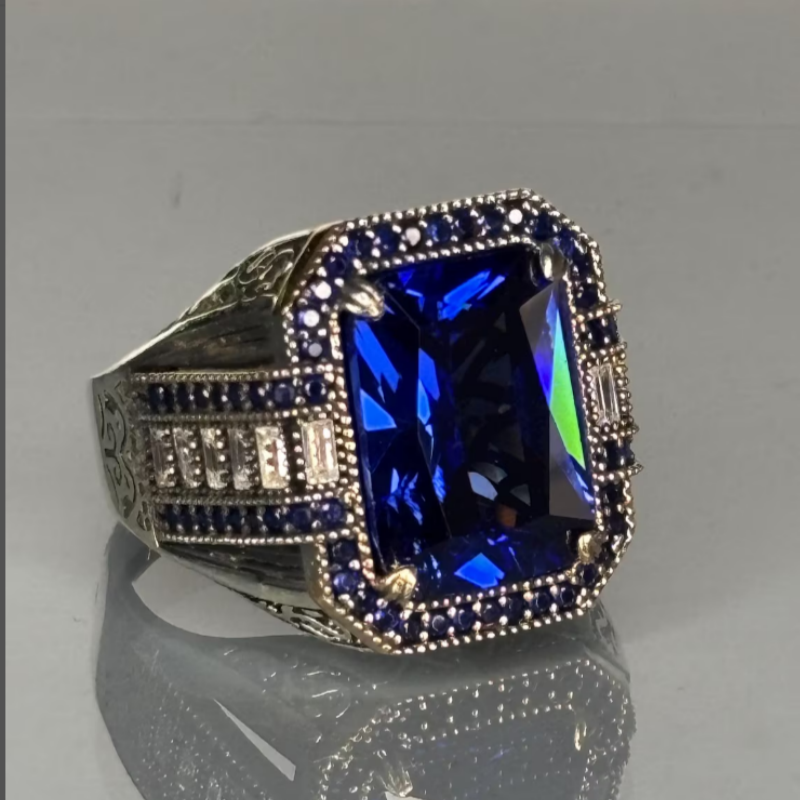 Jorrio handmade vintage-style radiant cut blue sapphire men’s ring