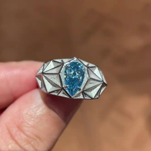 Jorrio handmade pear-shaped aqua blue architectural style men’s ring