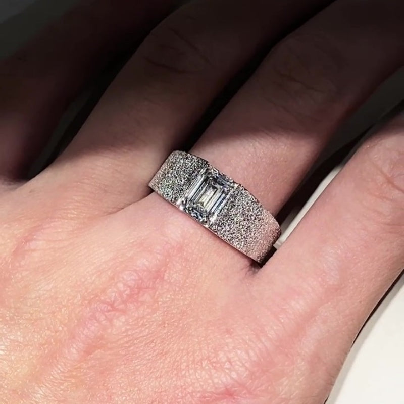 Jorrio handmade 2ct radiant cut chic luxury frosted texture wide band men's ring