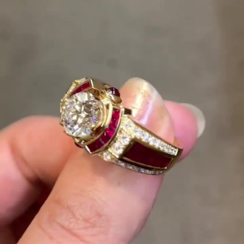 Jorrio handmade classic yet bold round cut ruby halo men's ring