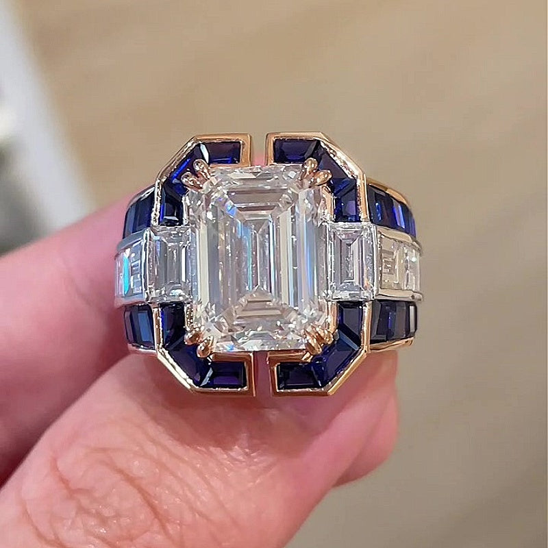Jorrio Handmade Classic Emerald Cut with Sapphire Accents Men's Ring