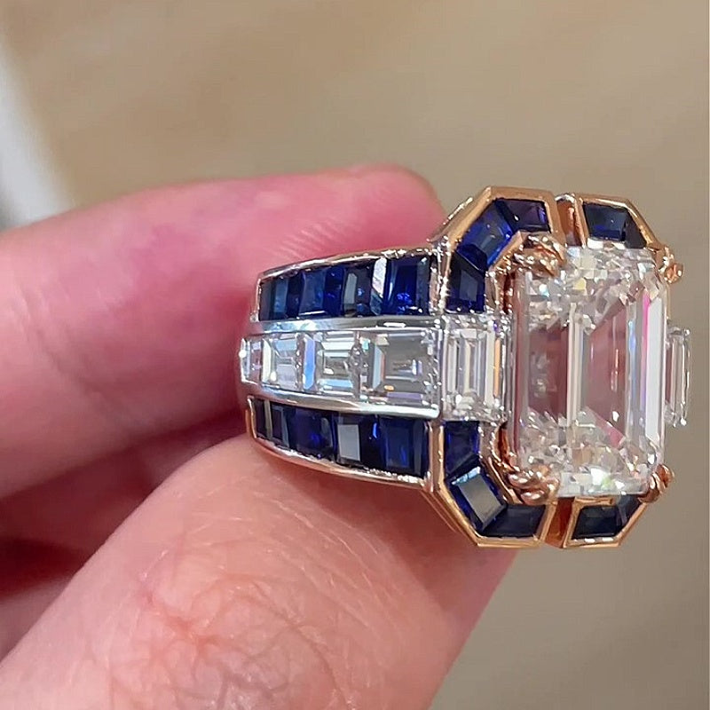 Jorrio Handmade Classic Emerald Cut with Sapphire Accents Men's Ring