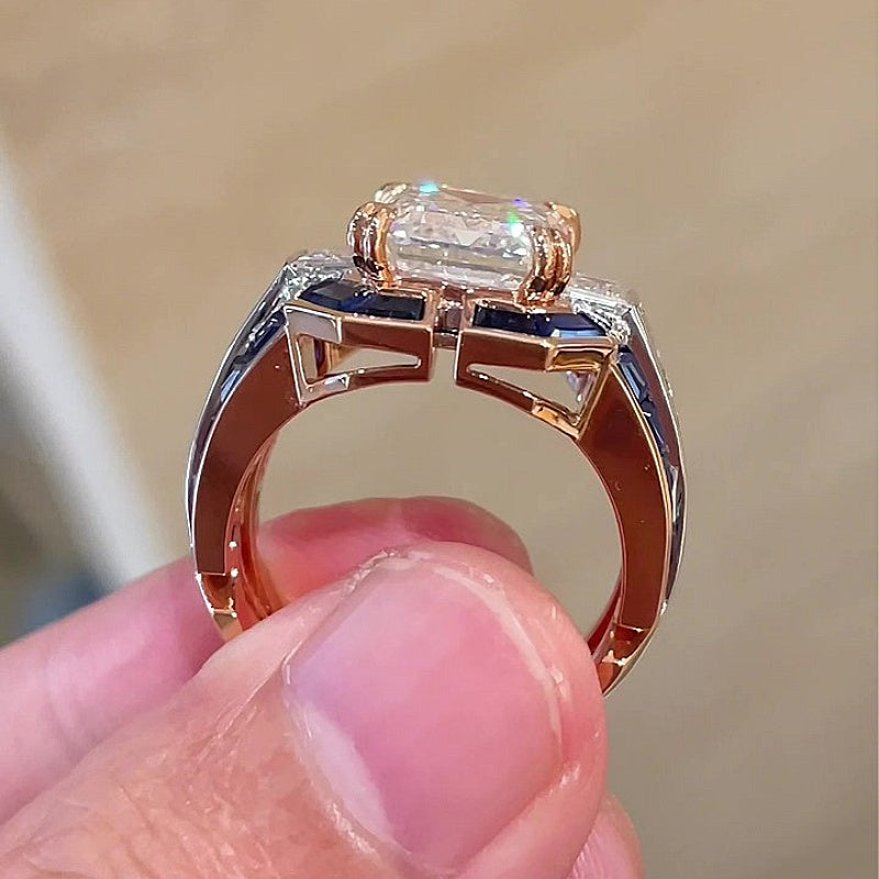 Jorrio Handmade Classic Emerald Cut with Sapphire Accents Men's Ring