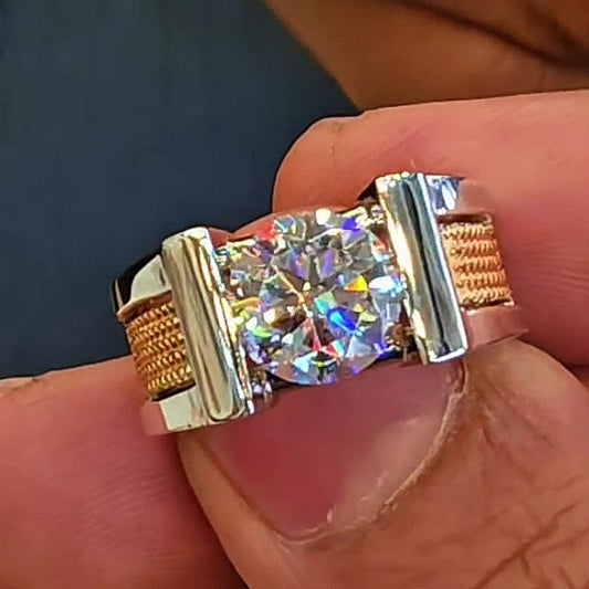 Jorrio Handmade Bold Two‑Tone Round Cut Moissanite Textured Shank Men’s Ring