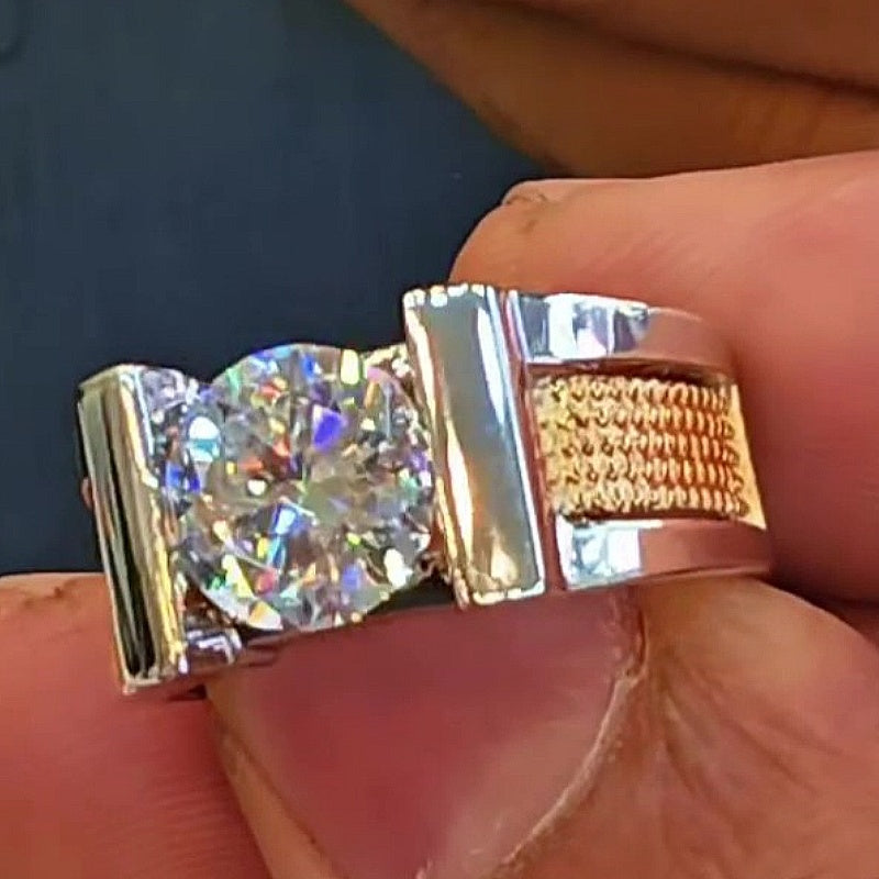 Jorrio Handmade Bold Two‑Tone Round Cut Moissanite Textured Shank Men’s Ring
