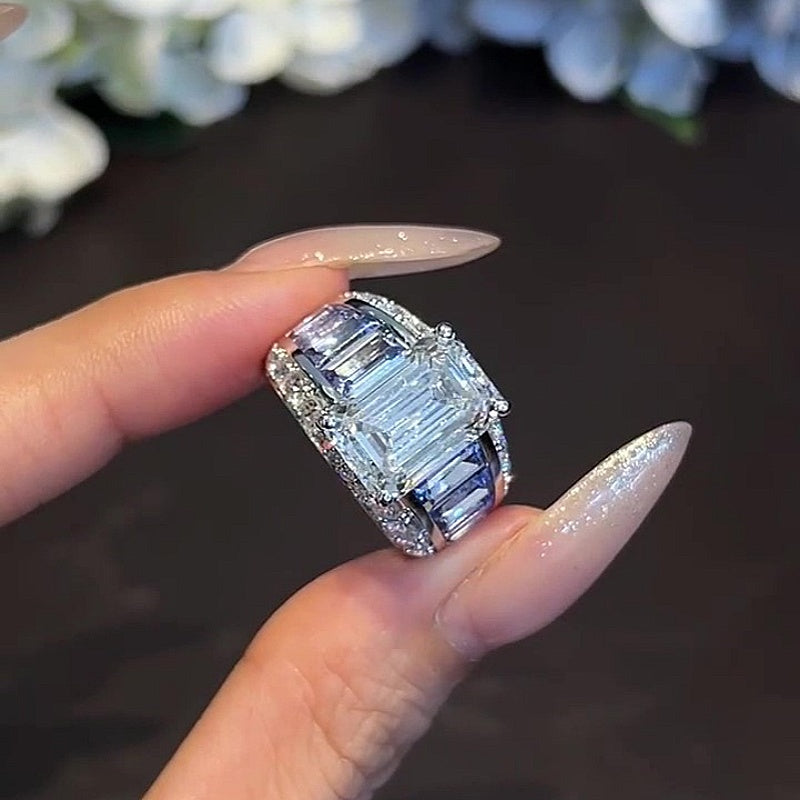 Jorrio Handmade Bold 7CT Emerald Cut CZ with Baguette Blue Sapphire Accent Fashion Ring