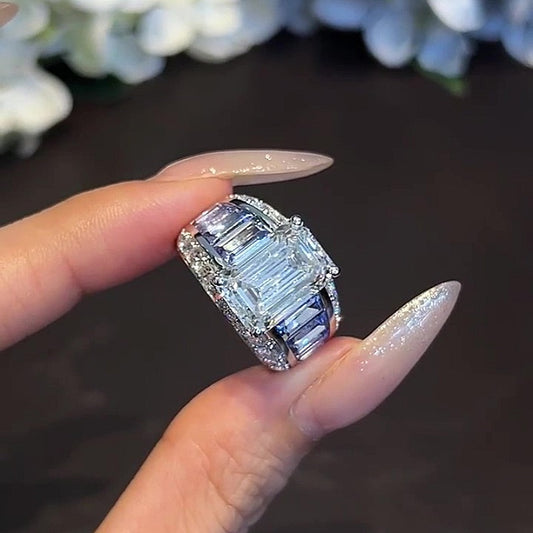 Jorrio Handmade Bold 7CT Emerald Cut CZ with Baguette Blue Sapphire Accent Fashion Ring