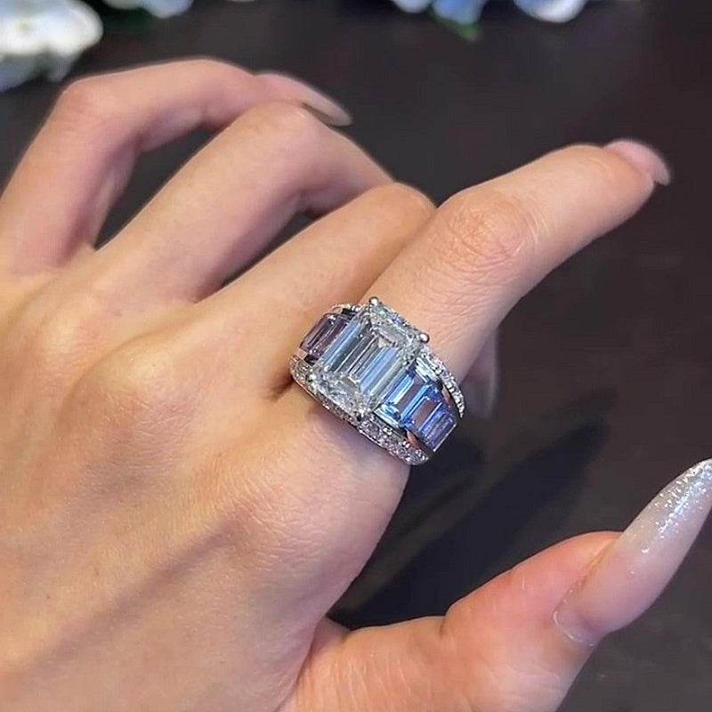 Jorrio Handmade Bold 7CT Emerald Cut CZ with Baguette Blue Sapphire Accent Fashion Ring