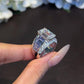 Jorrio Handmade Bold 7CT Emerald Cut CZ with Baguette Blue Sapphire Accent Fashion Ring