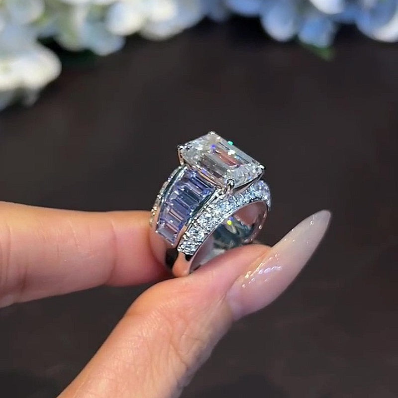 Jorrio Handmade Bold 7CT Emerald Cut CZ with Baguette Blue Sapphire Accent Fashion Ring