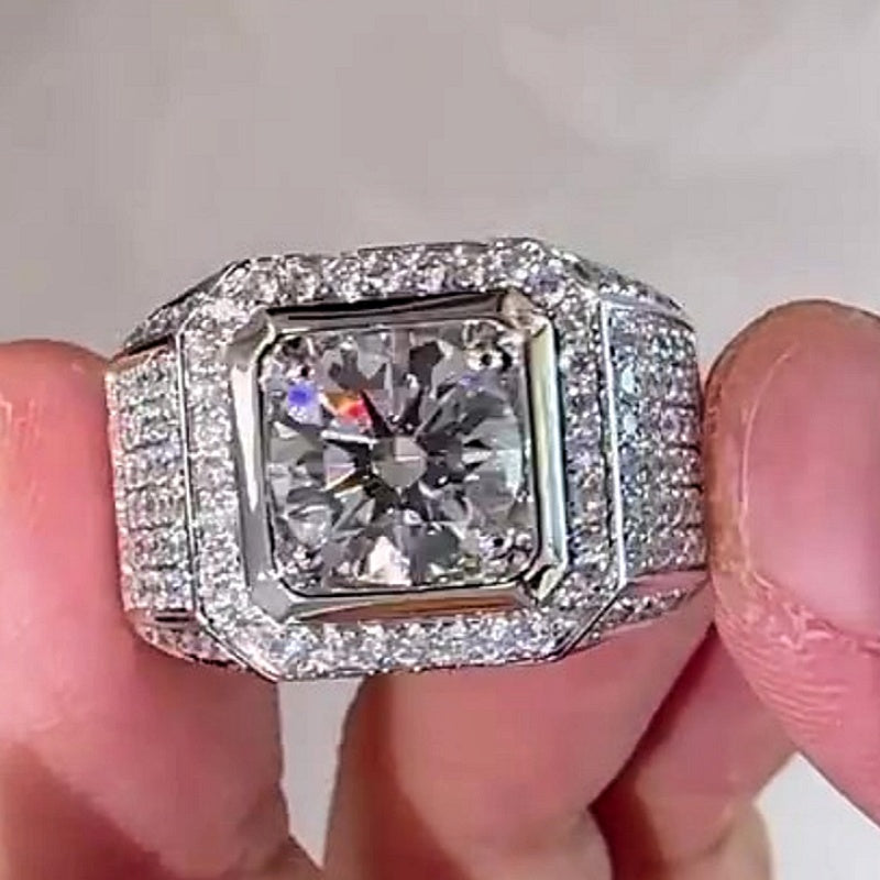 Jorrio handmade luxury round brilliant cut fully paved halo sparkle wide band men's ring