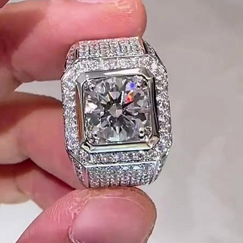 Jorrio handmade luxury round brilliant cut fully paved halo sparkle wide band men's ring