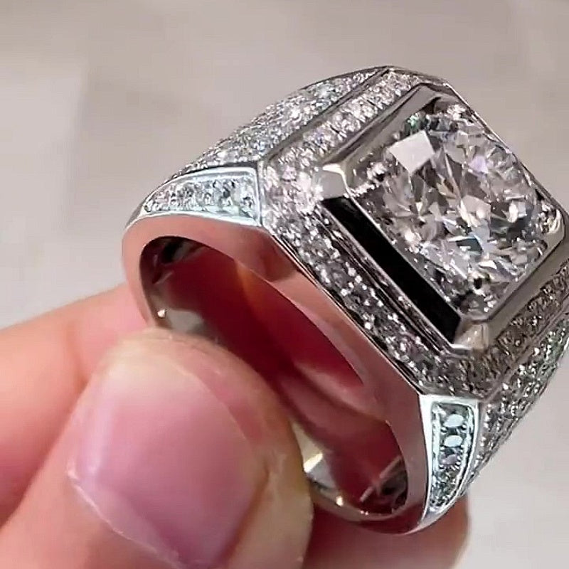 Jorrio handmade luxury round brilliant cut fully paved halo sparkle wide band men's ring