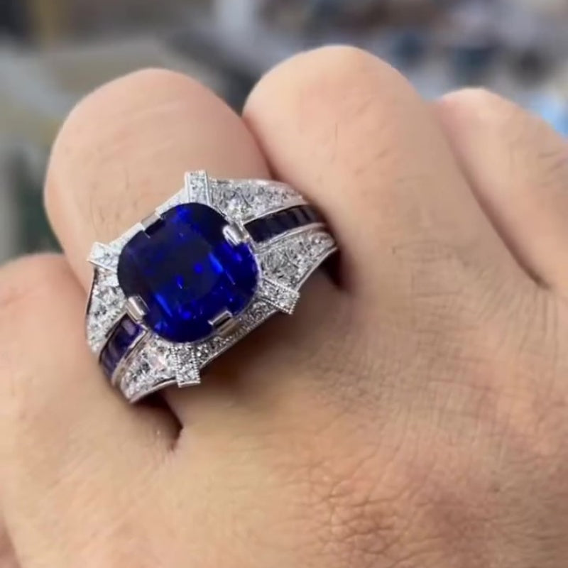 Jorrio handmade 10ct sapphire cushion cut vintage sterling silver men ring