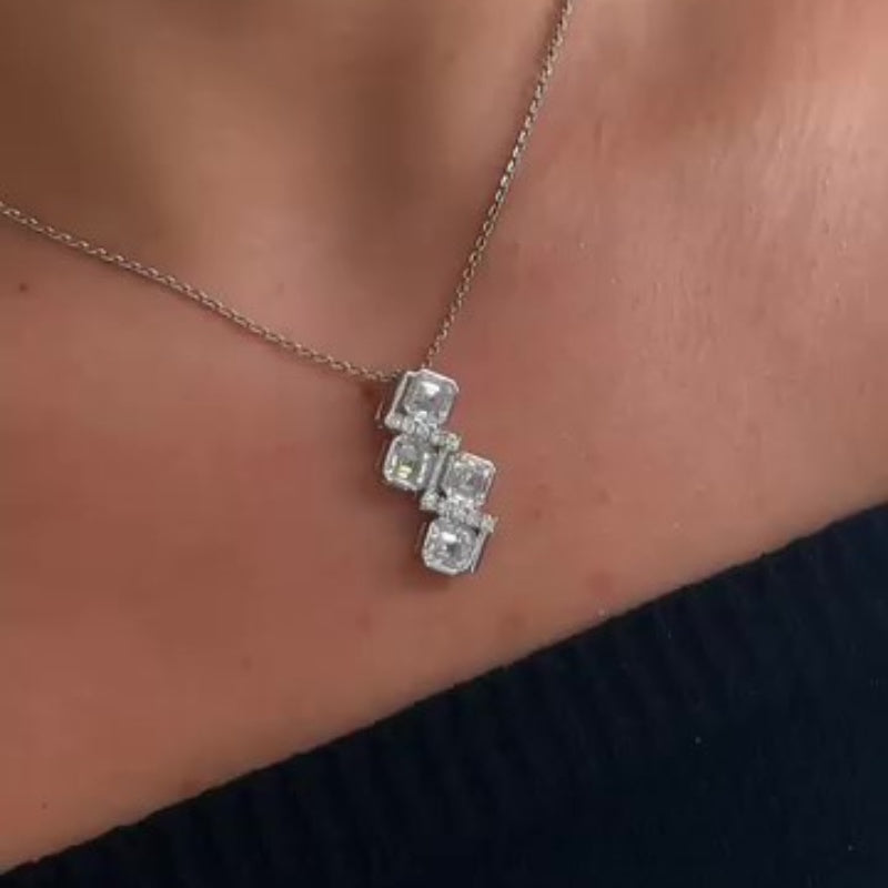 Jorrio handmade white sparkling asscher& round cut sterling silver necklace