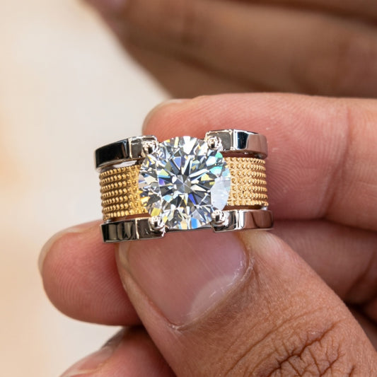 Jorrio Handmade Luxury Textured Two‑Tone Moissanite Solitaire Men’s Wide Band Ring