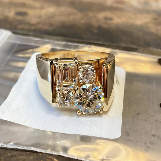 Jorrio Handmade Vintage Round and Emerald Cut Men's Wide Band Ring