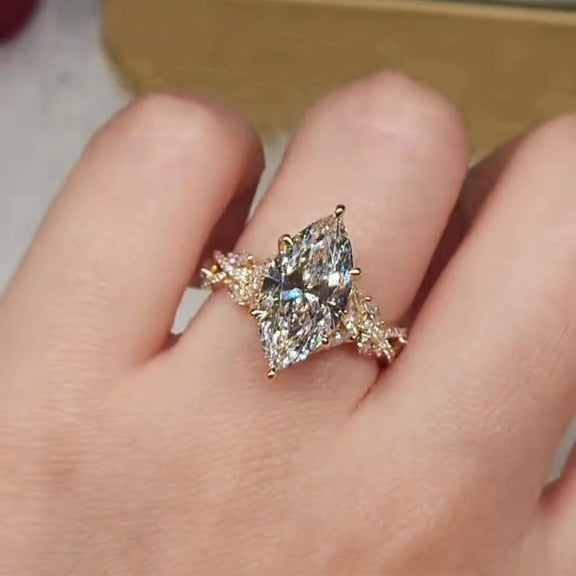 Jorrio handmade luxury 4ct marquise cut gold-color sterling silver ring