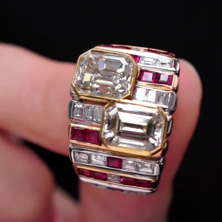 Jorrio Handmade Ruby Emerald&Radiant Cut Glamorous Ring