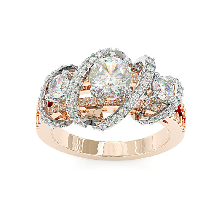 Jorrio handmade round cut triple-stone crisscross pavé halo moissanite ring