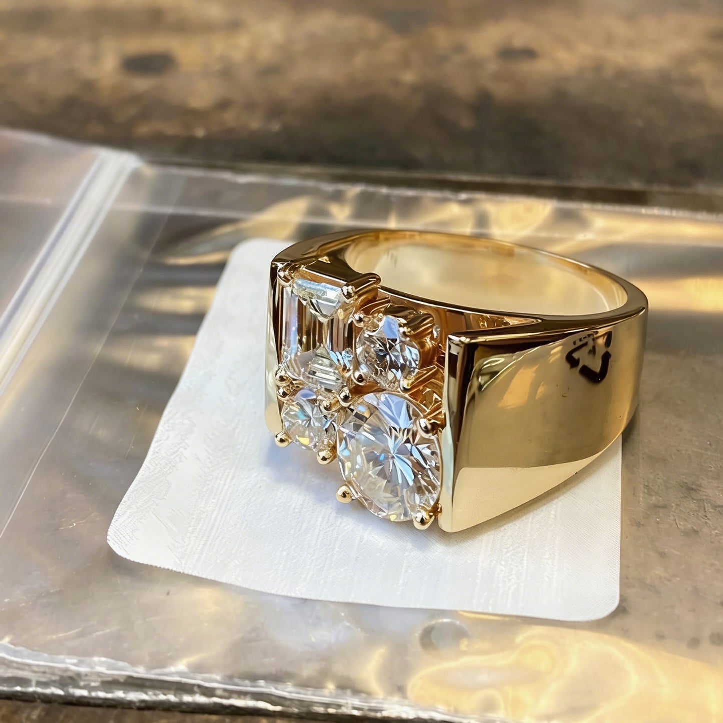 Jorrio Handmade Vintage Round and Emerald Cut Men's Wide Band Ring