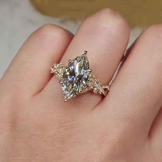 Jorrio handmade luxury 4ct marquise cut gold-color sterling silver ring