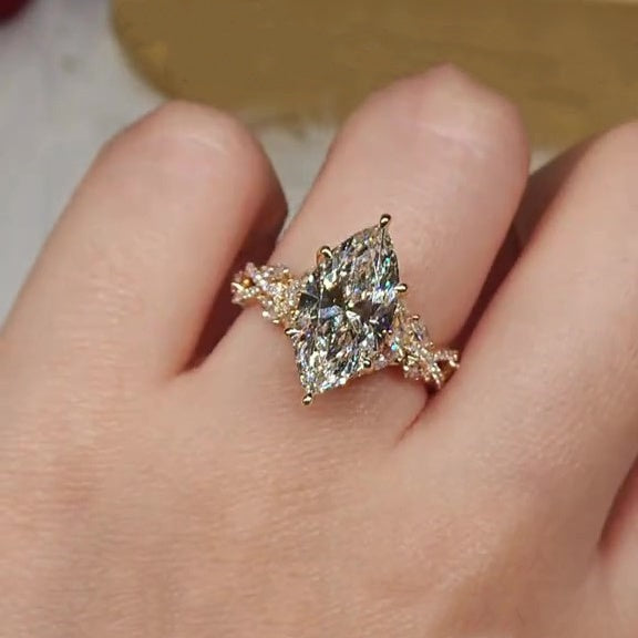 Jorrio handmade luxury 4ct marquise cut gold-color sterling silver ring