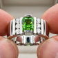 Jorrio Handmade Bold Radiant-Cut Green CZ with Side Round CZ Grooved Men’s Ring