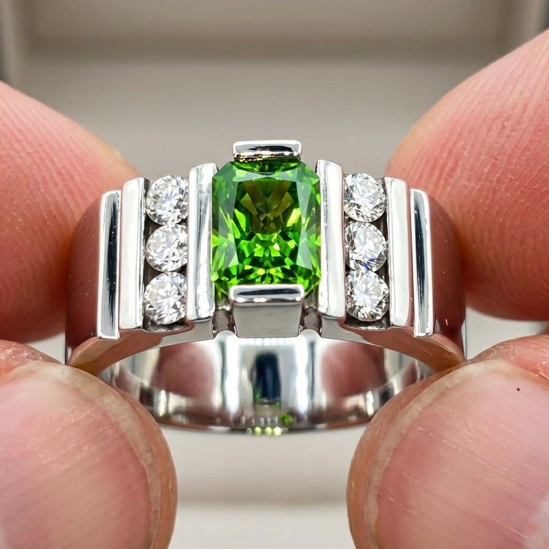 Jorrio Handmade Bold Radiant-Cut Green CZ with Side Round CZ Grooved Men’s Ring