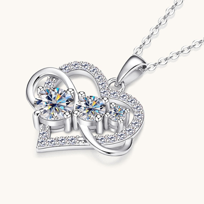 Jorrio handmade 1.6ct round cut timeless double hoop heart-shape moissanite sterling silver necklace
