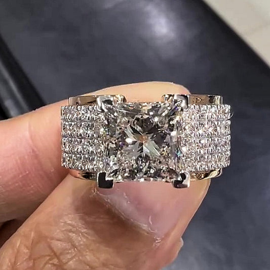 Jorrio Handmade 5ct Princess Cut Moissanite Men's Wide Band Sterling Silver Ring