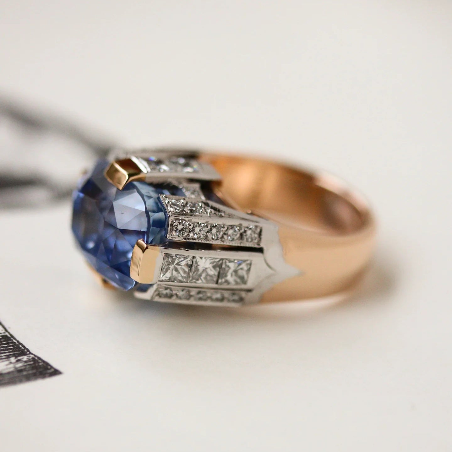 Jorrio Handmade Sapphire Cushion Cut Two-Tone Men's Ring