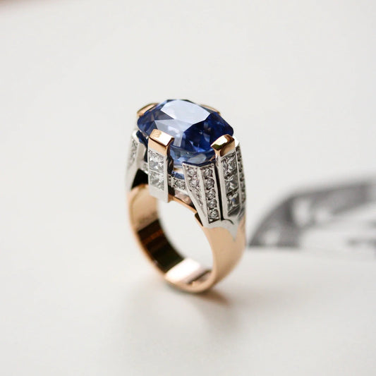 Jorrio Handmade Sapphire Cushion Cut Two-Tone Men's Ring