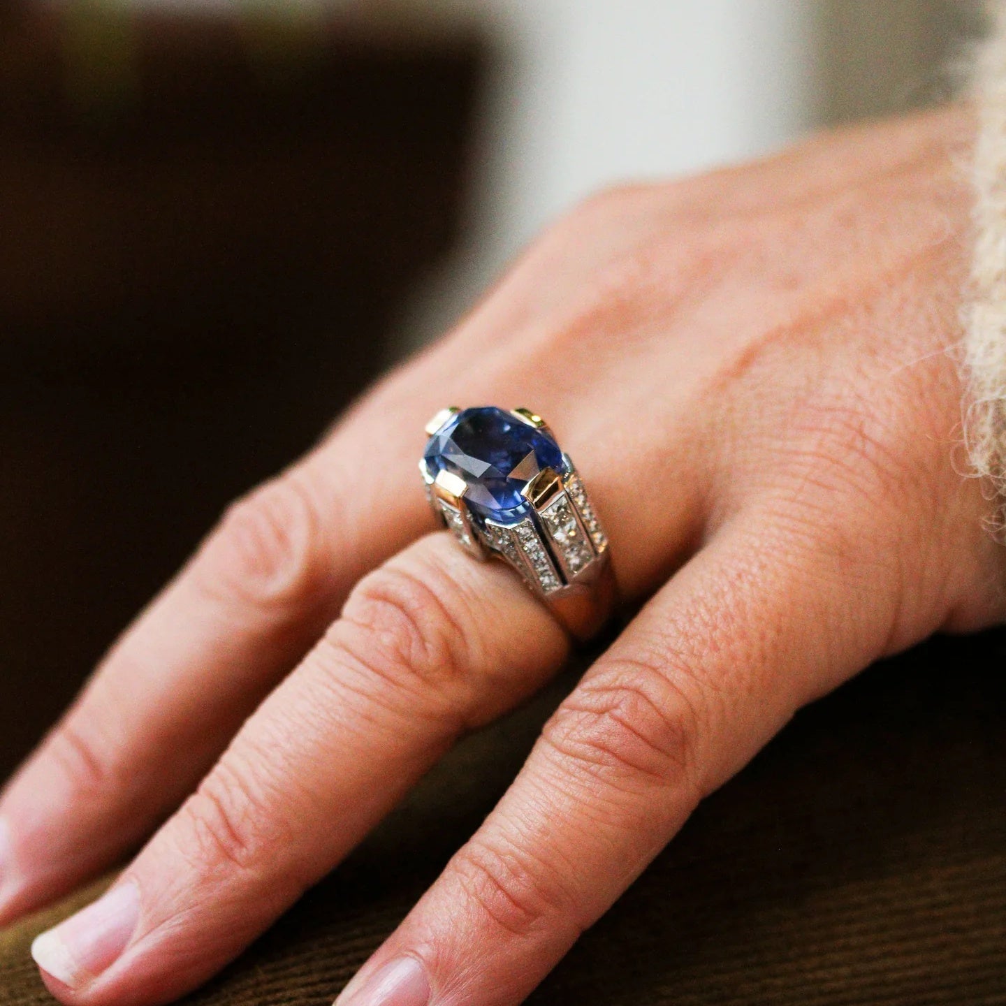 Jorrio Handmade Sapphire Cushion Cut Two-Tone Men's Ring