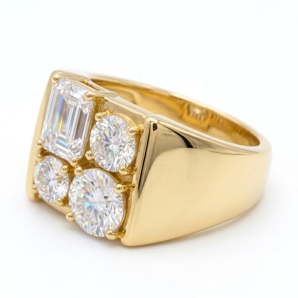 Jorrio Handmade Vintage Round and Emerald Cut Men's Wide Band Ring