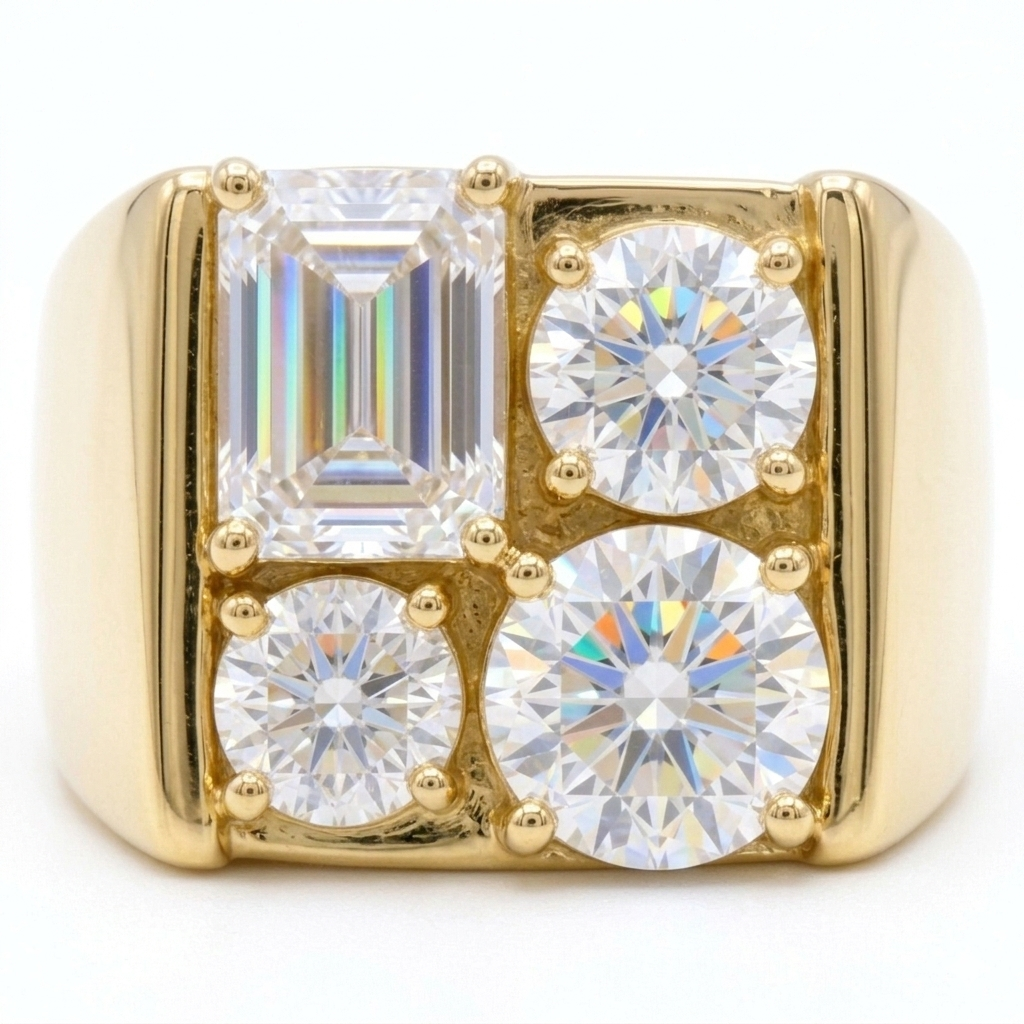 Jorrio Handmade Vintage Round and Emerald Cut Men's Wide Band Ring