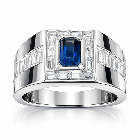 Jorrio Handmade Sapphire 1.5CT Emerald Cut CZ Bold Men's Ring