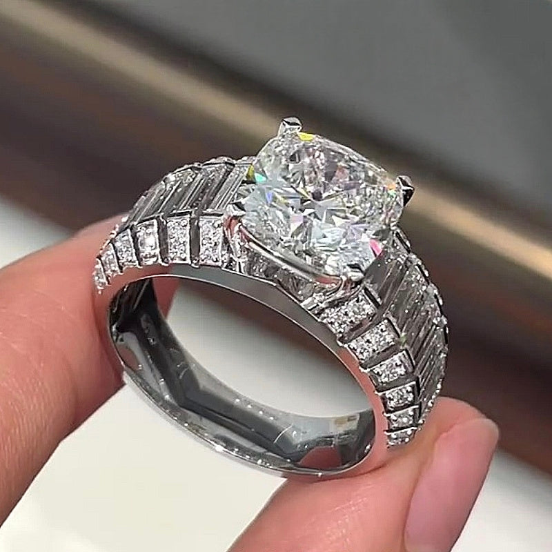Jorrio Handmade Luxury 5CT Cushion Cut & Baguette Cut Full Pave Brilliant Ring
