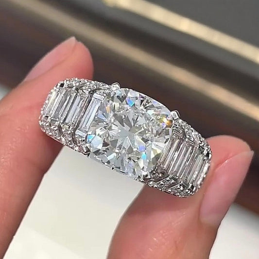 Jorrio Handmade Luxury 5CT Cushion Cut & Baguette Cut Full Pave Brilliant Ring