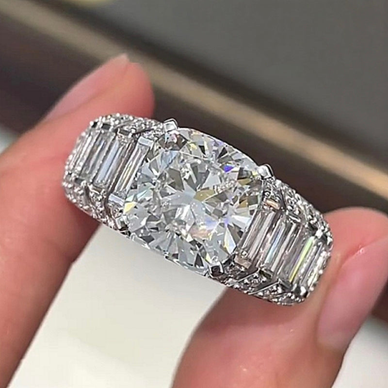 Jorrio Handmade Luxury 5CT Cushion Cut & Baguette Cut Full Pave Brilliant Ring