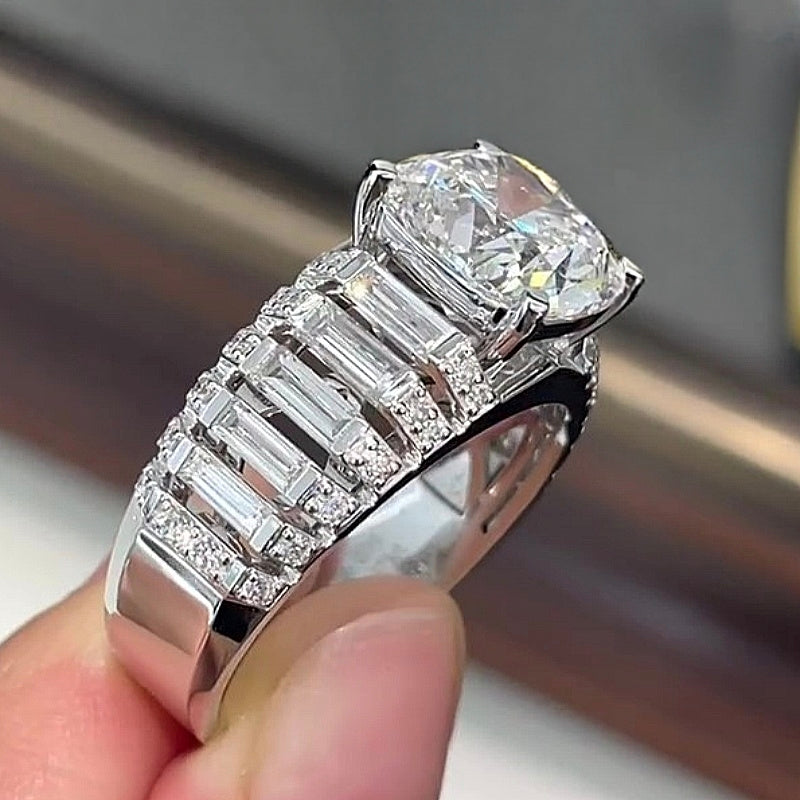 Jorrio Handmade Luxury 5CT Cushion Cut & Baguette Cut Full Pave Brilliant Ring